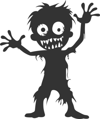 Aşırı büyük gözleri ve belirgin dişleri olan stilize bir çizgi film zombisi siyah bir arkaplan karşısında koyu gri bir siluet olarak tasvir edilir, giysileri yırtık ve kolları klasik bir ölümsüz duruşunda açılır..