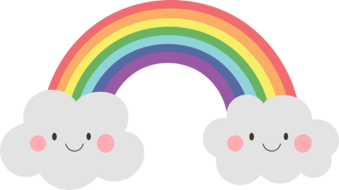 Neşeli bir çizgi film karikatürü gökyüzünde bir gökkuşağı çizer, pembe yanaklı, iki pofuduk bulutun üzerinde dinlenir. Sahne tuhaf ve neşeli bir atmosfer yaratır..