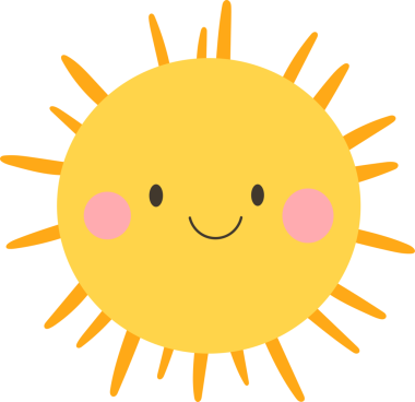 Basit ama cezbedici bir illüstrasyonda parlak sarı bir güneş, tatlı ve dost bir yüze sahip. Pembe yanakları ve ışıl ışıl ışıl ışınları var, siyah bir arkaplanı var..