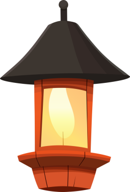 Bir çizgi film çizimi bir feneri tasvir eder, berrak camları içindeki ışığı gösterir. Koyu, sarkık bir çatısı ve kırmızımsı kahverengi bir tabanı vardır. Görüntü siyah bir arkaplan üzerine kurulur.