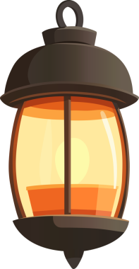 Bu resim, ışık saçan çizgi film tarzı bir feneri gösteriyor. Fener koyu metalden yapılmış, tepesinde asılı duran basit bir döngü var, rahat bir atmosfer yaratıyor..