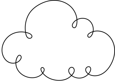 Tüylü bir bulutun biçimlendirilmiş tasviri, simsiyah bir arkaplana karşı beyaza dönüştürülmüş. Bulutun ana hatları kıvrımlı ve tuhaf kıvrımlarla yaratıcılıkla detaylandırılmış. Hafiflik hissi uyandırıyor..