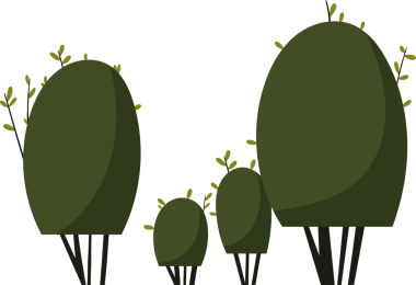 Çeşitli boyutlarda çizgi film çalı çalıları, yuvarlak zeytin ve küçük sarı filizlerle süslenmiş koyu yeşil şekiller sergilenen dijital resimli bir sahne. Çizgi film tarzı basittir..