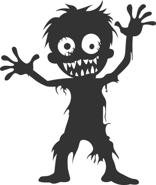 Aşırı büyük gözleri ve belirgin dişleri olan stilize bir çizgi film zombisi siyah bir arkaplan karşısında koyu gri bir siluet olarak tasvir edilir, giysileri yırtık ve kolları klasik bir ölümsüz duruşunda açılır..