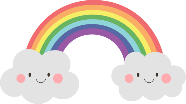 Neşeli bir çizgi film karikatürü gökyüzünde bir gökkuşağı çizer, pembe yanaklı, iki pofuduk bulutun üzerinde dinlenir. Sahne tuhaf ve neşeli bir atmosfer yaratır..