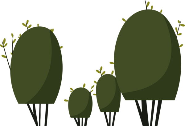 Çeşitli boyutlarda çizgi film çalı çalıları, yuvarlak zeytin ve küçük sarı filizlerle süslenmiş koyu yeşil şekiller sergilenen dijital resimli bir sahne. Çizgi film tarzı basittir..