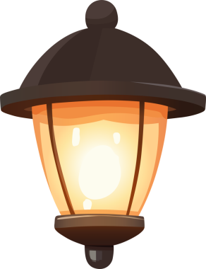 Eski bir sokak lambasının parlayan bir ampulle karikatür çizimi. Tasarımı koyu kahverengi bir üst ve taban içerir, ışık cam bir yapıyla kaplıdır ve sıcak sarı ışık yayar..