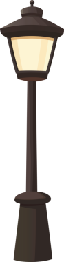 Bu vektör illüstrasyonunda geniş tabanlı, ince kolona sahip koyu kahverengi bir sokak lambası ve siyah arka plana karşı yumuşak sarı ışık saçan bir açısal lamba tasvir edilir..