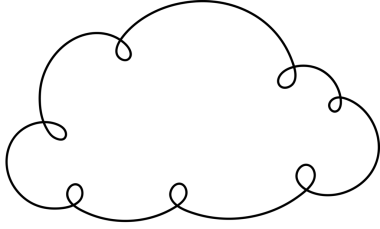 Siyah bir arka plana karşı basit, kaprisli bir bulut çizimi. Bulutun yumuşak, yuvarlak bir şekli var. Altında dekoratif kıvrımlar var. Hafif ve havadar bir his veriyor..