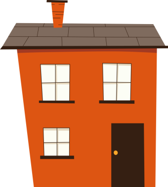 Bu resim parlak turuncuya boyanmış iki katlı bir evin tuhaf bir karikatürünü tasvir ediyor. Kahverengi bir çatı ve kapı içeriyor. Ön cephesinde dört beyaz çerçeveli pencere ve bir baca var..