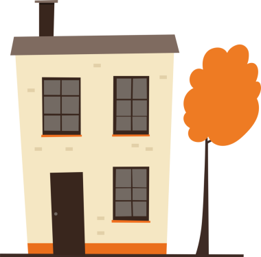 Çekici, stil sahibi bir resimde iki katlı bir ev ve basit bir tasarım sergileniyor. İçinde dikdörtgen pencereler, karanlık bir kapı ve bir baca var. Yuvarlak, turuncu bir ağaç evin yanında duruyor..