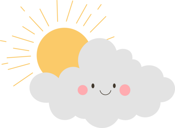 Pembe yanaklı mutlu gri bir bulut ve tatlı bir gülümseme içeren büyüleyici bir çizgi film. Parlayan sarı bir güneşi kısmen gölgeliyor. Kibar ve neşeli bir ruh hali uyandırıyor..
