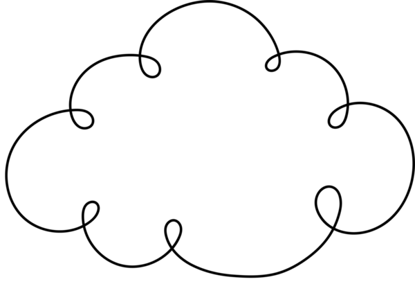 Siyah çizgili beyaz bir bulutun karikatür çizimi. Bulut biçimlendirilmiş, kabarık bir şekle sahiptir ve koyu arkaplan bulutun tasarımını vurgular. Taslak dekoratif girdaplar içeriyor.