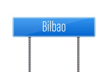 Bir yol işareti, beyaz sans-serif harfli, beyaz arka planda iki metal direğin desteklediği canlı mavi dikdörtgen bir tabela içeren Bilbao şehrini işaret ediyor..
