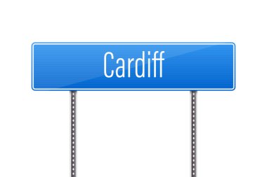 Metal direklerdeki mavi sokak tabelasında Cardiff yazıyor. Tabelanın rengini ve basit tasarımını vurgulayarak, resim beyaz bir arkaplana göre ayarlanır.  