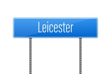 Bu resim, beyaz harflerle gösterilen Leicester 'ın yerini gösteren mavi bir sokak tabelasını gösteriyor. İşaret iki gri direğe asılmış, beyaz bir arka plana karşı..