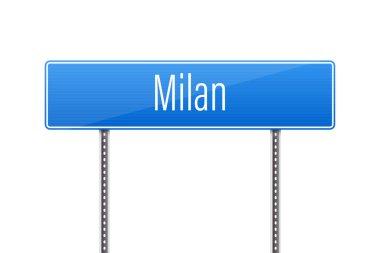 Mavi şehir işareti, Milano istikametini gösteriyor, bir istikamet. Tabela, beyaz bir zemine dayanan metal bir direğe bağlı. Bir yere doğru yol gösterir.