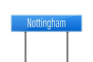 Parlak mavi yol işareti Nottingham 'a doğru giden yolu gösteriyor. Tabela iki direğe monte edilmiş ve mavi arkaplanda beyaz harfler var..