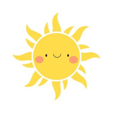 Neşeli bir çizgi film güneşi, parlak sarı bir yüzü, gülümseyen bir yüzü, ve sevimli pembe yanakları temiz, beyaz bir arkaplana karşı sıcaklık saçıyor. Bu görüntü yaza dair hisleri uyandırıyor..