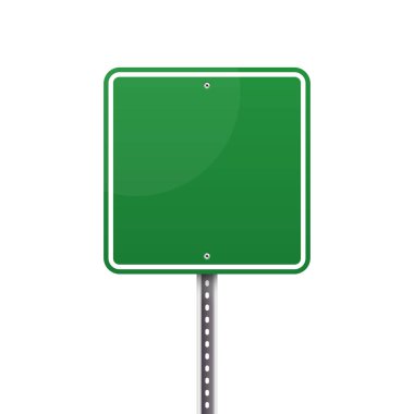 Parlak yeşil, beyaz süslemeli boş bir tabela benekli metal bir direkte kişiselleştirilmeye hazırdır. Temiz tasarım yön veya bilgi için bir şablon sunar.