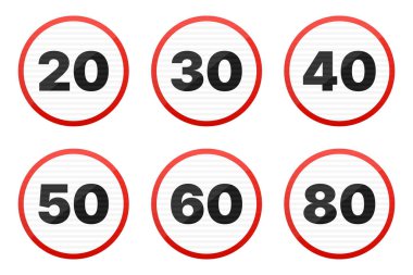 Bu resim, her biri 20 ila 80 arasında farklı hız limitleri gösteren altı dairesel yol işareti içeriyor, bu da yol güvenliği ve kontrol için çeşitli hız düzenlemeleri öneriyor.