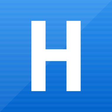 Belirgin bir beyaz büyük harf olan H, genel olarak sağlık tesisleri ve bakım ortamlarıyla ilişkili canlı bir mavi kare zemin üzerinde sergileniyordu. Basit ve temiz tasarım.
