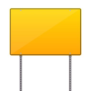 Siyah kenarlı boş sarı bir tabela, iki gri metal direğe monte edilmiş, kişiselleştirme için mükemmel. İşaret temiz, ışığı yansıtıyor ve metne hazır..