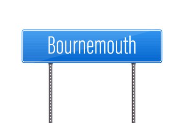 Beyaz metinli mavi bir işaret Bournemouth 'un yerini gösteriyor. Tabela iki metal direğe monte edilir ve düz beyaz bir zemin üzerine kurulur. Rengi çok canlı..