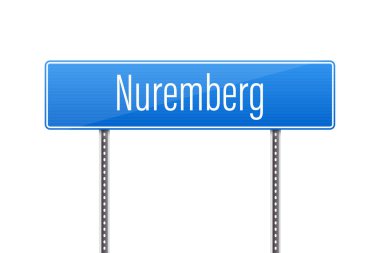 Mavi yol işareti, güneşli bir günde basit ve bilgilendirici bir tasarım unsurunu gösteren açık beyaz bir arkaplan karşısında sunulan Nuremberg yönünü gösterir.. 
