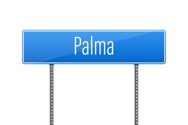 İki direğe monte edilmiş beyaz harflerle 'Palma' ismini gösteren mavi bir yol tabelası. Arkaplan düz beyaz, temiz ve basit bir sunum oluşturuyor.