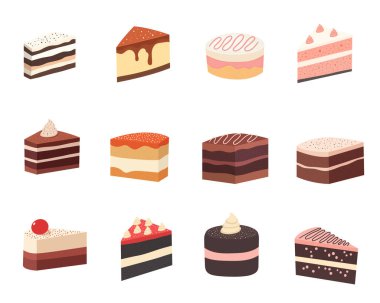 Bu resimde kek parçaları ve bütün pastalardan oluşan enfes bir koleksiyon var. Her pasta farklı kremalarla ve çeşitli malzemelerle farklıdır. Çekici ve lezzetli bir seçim yaratırlar..