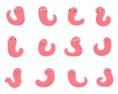 Bu resim beyaz bir arkaplanda on iki tane çizgi film solucanı gösteriyor. Solucanlar pembe ve her birinin eşsiz pozları var. Bu neşeli solucanların büyük gözleri ve gülüşleri dost canlısı, neşeli bir dokunuş için.