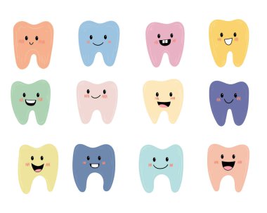 Değişik ifadeler ve renkleri olan renkli çizgi film dişleri. Hepsi neşeli bir diş çiziminde beyaz bir arkaplan karşısında neşeyle gülümsüyor.. 
