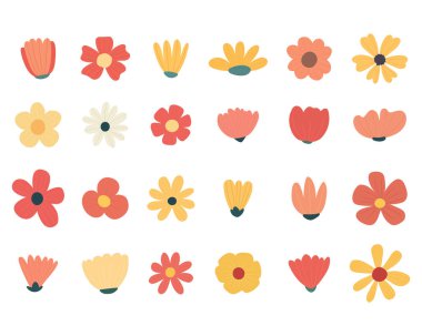 22 farklı çiçek illüstrasyonundan oluşan bir koleksiyon temiz beyaz bir arkaplanda sergilenmektedir. Çiçekler kırmızılar, sarılar ve portakallar dahil olmak üzere çeşitli renkler sergiler ve taç yaprağı şekillerinde çeşitlilik gösterir..