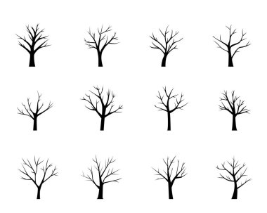 Görüntü, sade beyaz bir zemin üzerinde siyah, yapraksız ağaç siluetlerini gösteriyor. Ağaçlar, mevsimsel ya da sanatsal bir his uyandıran şebeke şeklinde sergilenir..