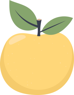 Bu resim yuvarlak, pürüzsüz dokuya sahip sarı bir meyveyi gösteriyor, muhtemelen bir Asya armudu. İki açık yeşil yaprağı olan kısa, koyu bir gövdesi vardır. Arka plan simsiyah..