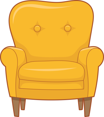 Canlı sarı bir koltuk basit bir çizgi film tarzında sunulan kanat tasarımı, düğme aksanları ve minderli koltuklar içerir. Mobilyalar siyah bir zemine yaslanıp koltuğa odaklanır..