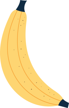 Hafif olgunlaşmış bir muz siyah bir arkaplanda sergilenir. Muz kıvrımlıdır, parlak sarı kabuğu küçük kahverengi beneklerle işaretlenmiştir ve her iki ucunda koyu mavi vardır..