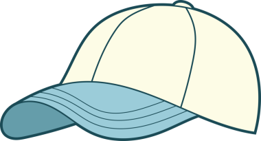 Basitleştirilmiş bir beysbol şapkası çizimi. Şapkanın tacı kremsi beyaz bir renktir. Kenarı açık mavi ve yatay dikişleri var. Çizimin şekli kalın ana hatları var..
