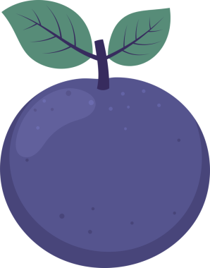 Bu resim, derisinde lekeler olan koyu mavi renkli bir çizgi film meyvesidir. Meyvenin tepesinden, gövdenin her iki tarafında da iki oval yaprak çıkıntısı olan kısa bir gövde uzanıyor..