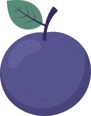 Bir illüstrasyon siyah bir arkaplana karşı bir eriği tasvir eder. Erik yuvarlaktır, mor tonlarda renklidir ve yanında yeşil bir yaprak vardır. Basit ve temiz bir dijital tasarım..