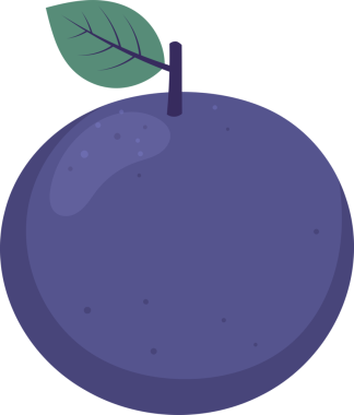 Bu bir eriğin çizgi film tarzı görüntüsü. Erik koyu mor bir renktir ve yuvarlaktır. Bir gövdesi ve tek bir yeşil yaprağı var. Meyve pürüzsüz ve hafif desenli görünüyor. Görüntü siyah arkaplanda.