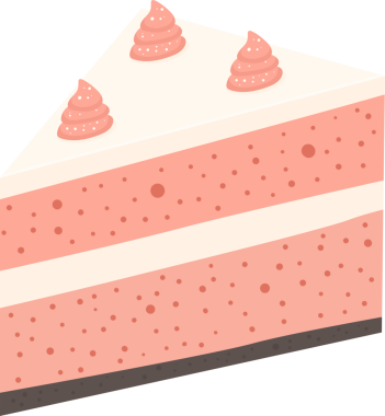 Beyaz kremayla ayrılmış pembe benekli sünger tabakalarının yer aldığı üçgen şeklinde bir pasta dilimi gösteriliyor. Üstü de şekerle kaplı, üç adet pembe kremayla süslenmiş..