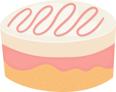 Çekici bir karikatür çizimi çok katmanlı bir pasta sergiliyor. Pastada, beyaz kremayla bitirilmiş sarı ve pembe katmanlar yer alıyor. Hassas pembe krema üstünü süslüyor, tatlı bir dokunuş ekliyor..