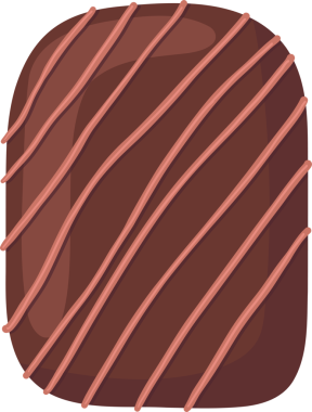 Paralel pembe çiseleme çizgileriyle süslenmiş bir çikolata karesi tasvir edilir. Bu tatlı şey yuvarlak, karikatürist bir estetiğe sahip ve zengin kahverengi çikolata rengi tatlı bir çöküşü akla getiriyor..