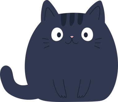 Sevimli, çizgi film tarzı koyu mavi bir kedi dik oturur. Kedinin yuvarlak bir vücudu, büyük beyaz gözleri, küçük pembe bir burnu ve gülümseyen bir ağzı vardır. Kuyruğu yana kıvrılmış. Siyah arkaplanda basit bir tasarım.