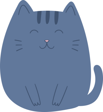 Dost canlısı, stilize olmuş, kafasında üç çizgili mavi bir kedi sakince oturur. Çizgi film kedisi mutlu bir ifade ve küçük pençeleri ve kuyruğu olan basitleştirilmiş özellikler içerir. Arka plan sade..