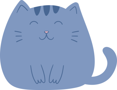 Kafasında daha koyu çizgiler olan tombul, mavi bir kedinin stilize edilmiş ve basitleştirilmiş bir tasviri. Kedi oturuyor, gözleri kapalı ve küçük bıyıkları ile gülümsüyor. Kıvrımlı bir kuyruğu ve sevimli küçük patileri var..