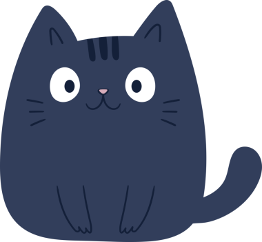 Bu resim, büyük gözlü ve küçük pembe burunlu siyah renkli bir çizgi film kedisini gösteriyor. Yavru kedi rahat bir duruşla ileriye bakıyor. Arkaplan şeffaf, karakteri vurguluyor.