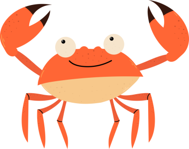 Büyük pençeli turuncu bir yengeç gülümsüyor ve mutlu görünüyor. Yengecin daha açık renkli bir göbeği var. Arka plan siyah. Çizgi film yengeci arkadaş canlısı ve davetkar görünüyor..